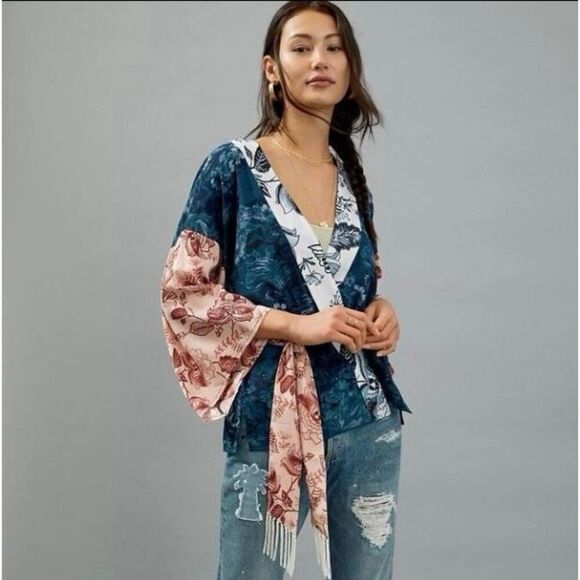 Anthropologie Tori Floral Cropped Belted Kimono Blue Multi One Size - Picture 1 of 13